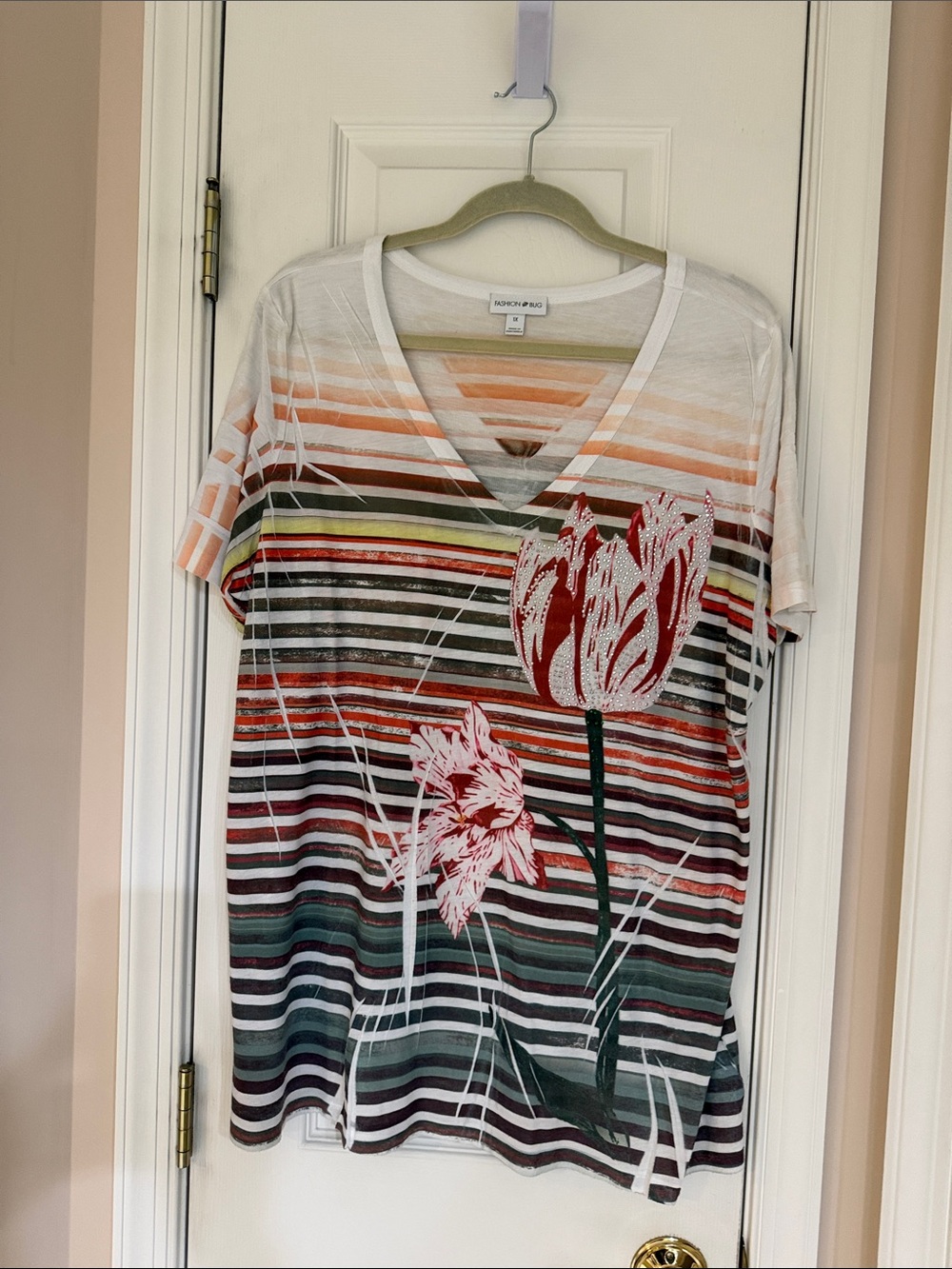 Fashion Bug Striped V-Neck Floral Print Top in Multicolor, 1X